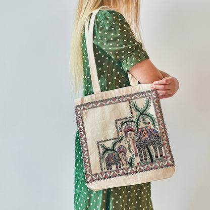 Hand painted Madhubani Tote bags | Hand painted Tote Bag | Elephant