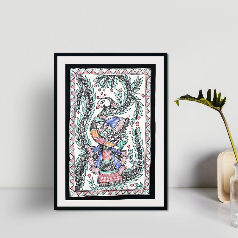 Peacock Madhubani Hand Painted | Framed | Mayur Meen Raj | Madhubani Peacock Painting.