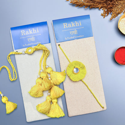 Radiant Yellow Bead & Mirror Lumba Rakhi For Bhaiya And Bhabhi