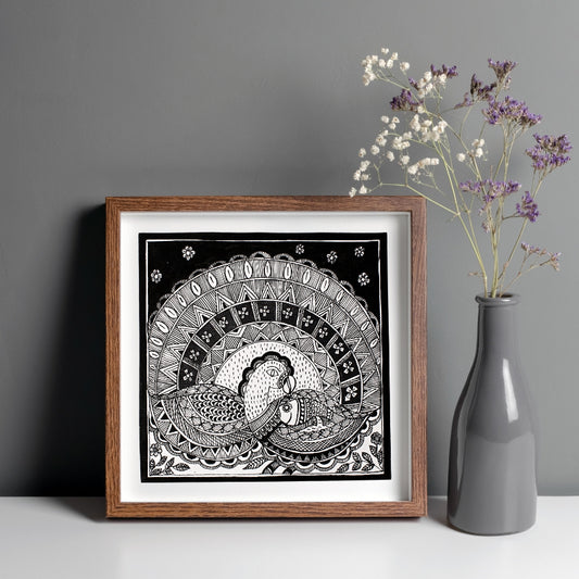 Madhubani Handmade Painting | Framed | Mayur Sanjh | Black And White Peacock.