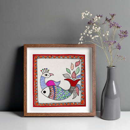 Madhubani Handmade Painting | Framed | Mayur Meen Nritya