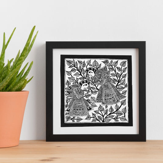 Madhubani Handmade Painting | Framed | Mayur Vartalap | Madhubani Painting Peacock Black And White.