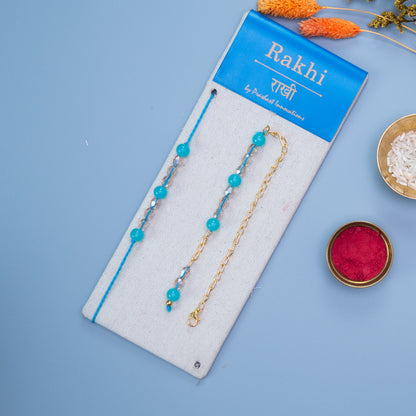 Bhaiya Bhabhi Lumba Rakhi Elegance: Blue Beads and White Crystals on Chain