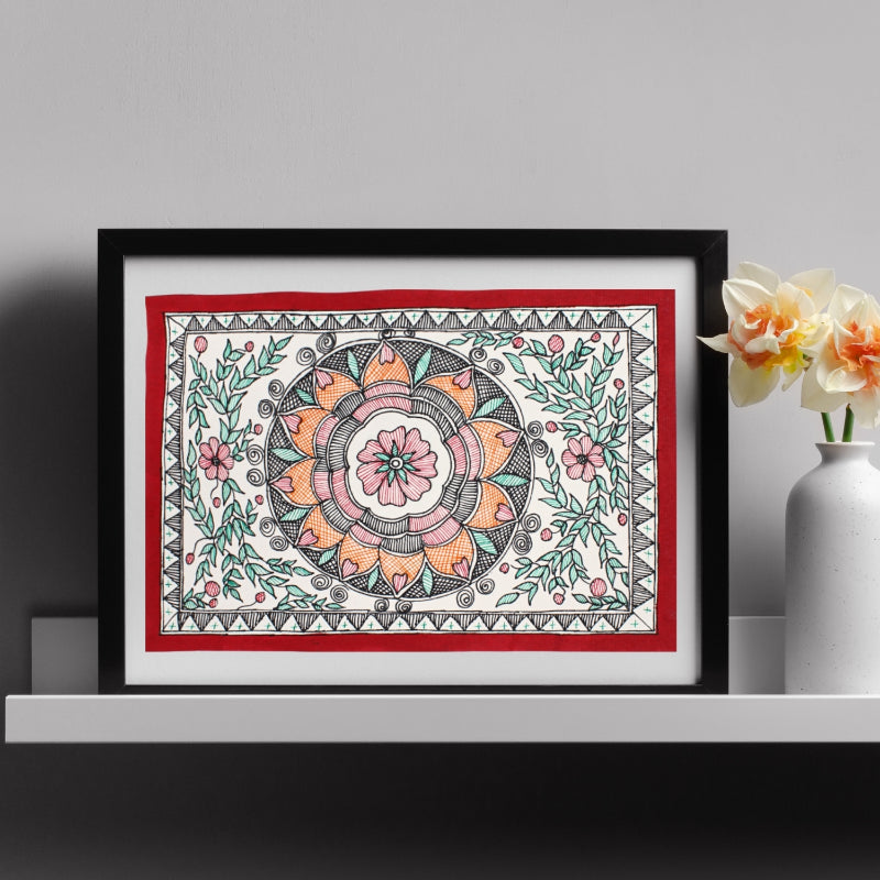 Madhubani Handmade Painting | Framed | Madhubani Painting Lotus.