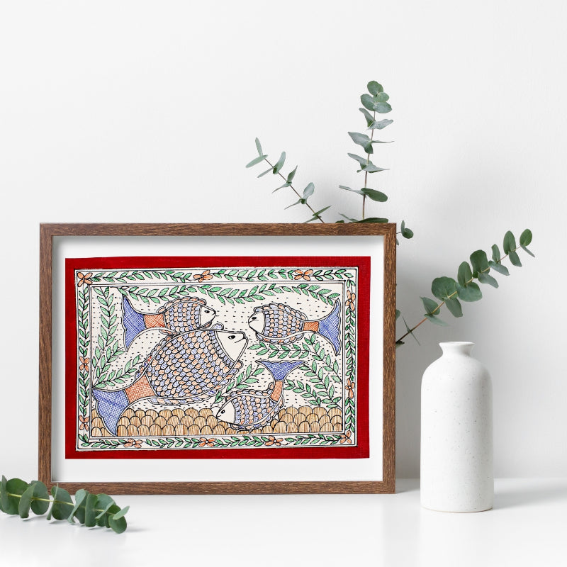 Madhubani Handmade Painting | Framed | Meen Bhogh | Madhubani painting fish.