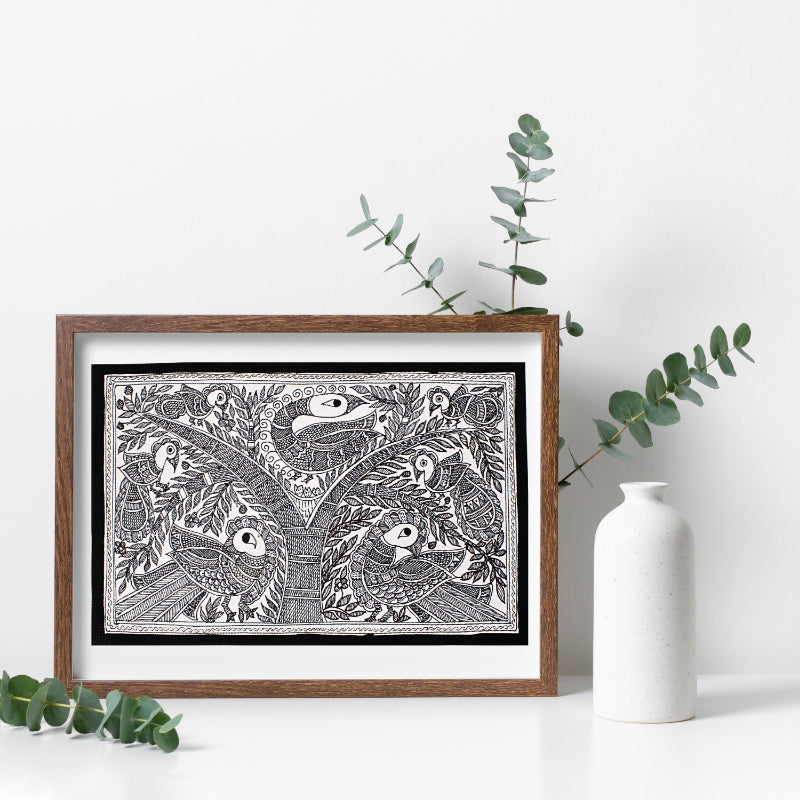 Black and White Madhubani Painting | Framed | Kachni Mayur | Madhubani Peacock Painting.