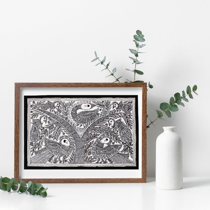 Black and White Madhubani Painting | Framed | Kachni Mayur | Madhubani Peacock Painting.