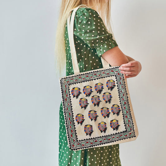 Authentic Hand painted Madhubani Tote bags | Hand painted Tote Bag | Meen Samuh (Group of Fish)