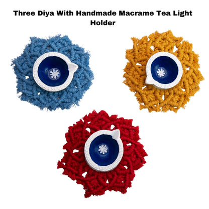 Diwali Decorated Diya with Macrame Diya Holder | Set of 3