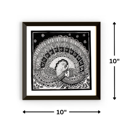 Madhubani Handmade Painting | Framed | Mayur Sanjh | Black And White Peacock.