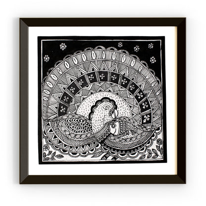 Madhubani Handmade Painting | Framed | Mayur Sanjh | Black And White Peacock.