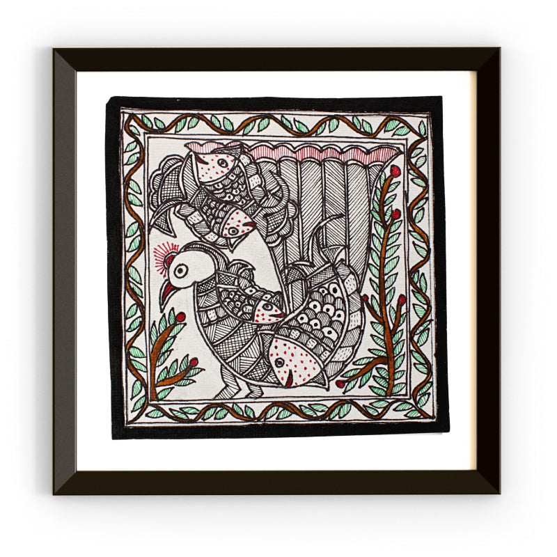 Madhubani Handmade Painting | Framed | Suryodya Nritya | Peacock and Fish.