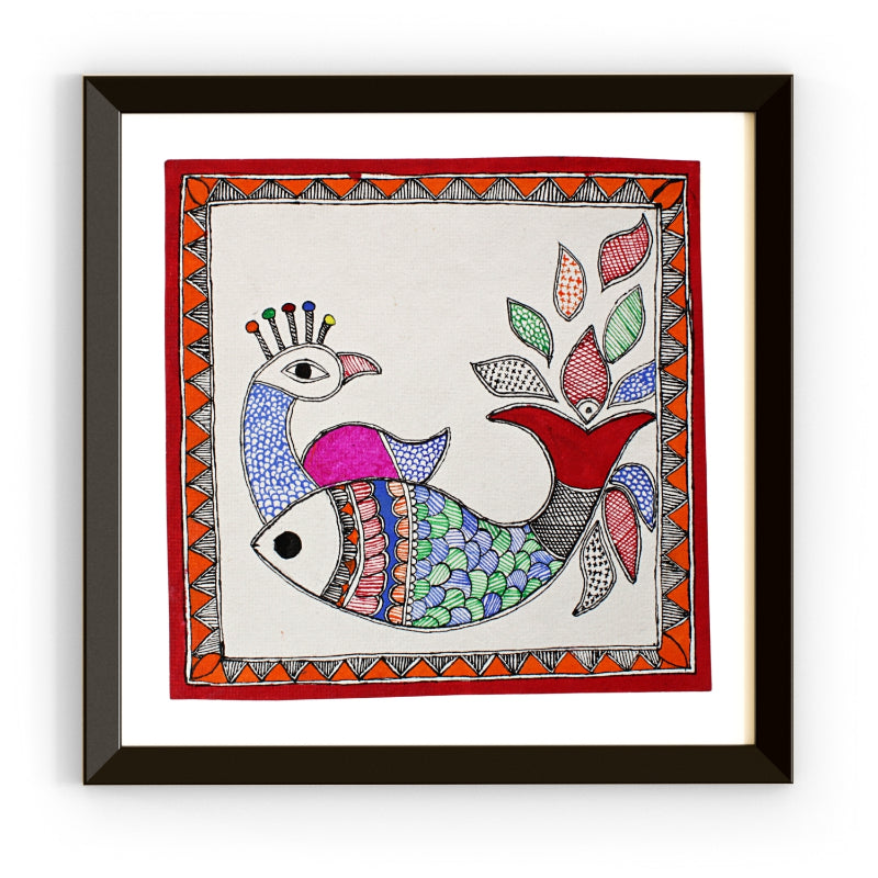 Madhubani Handmade Painting | Framed | Mayur Meen Nritya