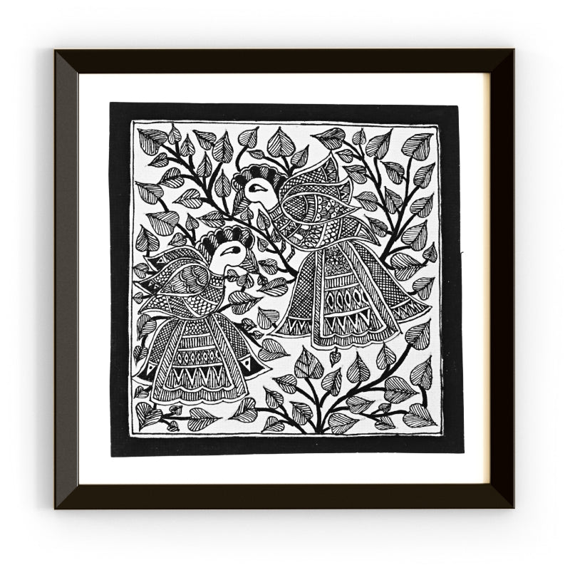 Madhubani Handmade Painting | Framed | Mayur Vartalap | Madhubani Painting Peacock Black And White.