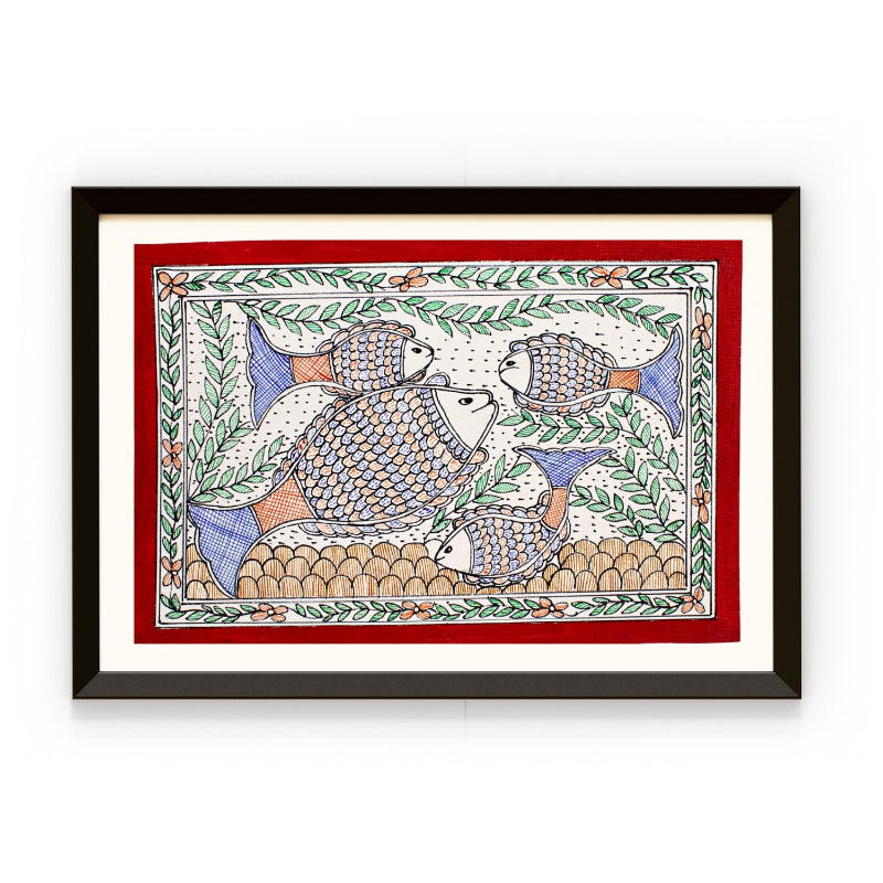 Madhubani Handmade Painting | Framed | Meen Bhogh | Madhubani painting fish.