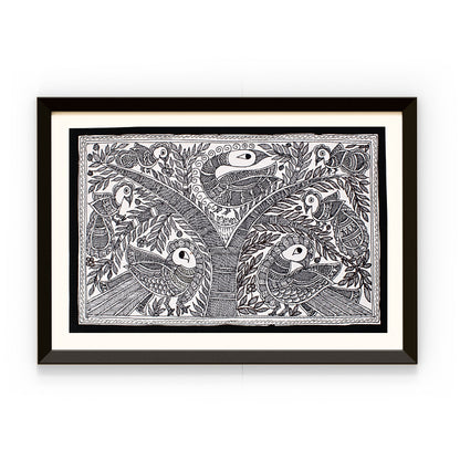 Black and White Madhubani Painting | Framed | Kachni Mayur | Madhubani Peacock Painting.