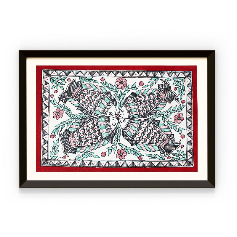 Madhubani Handmade Painting | Framed | Meen Milan | Madhubani Fish Painting.