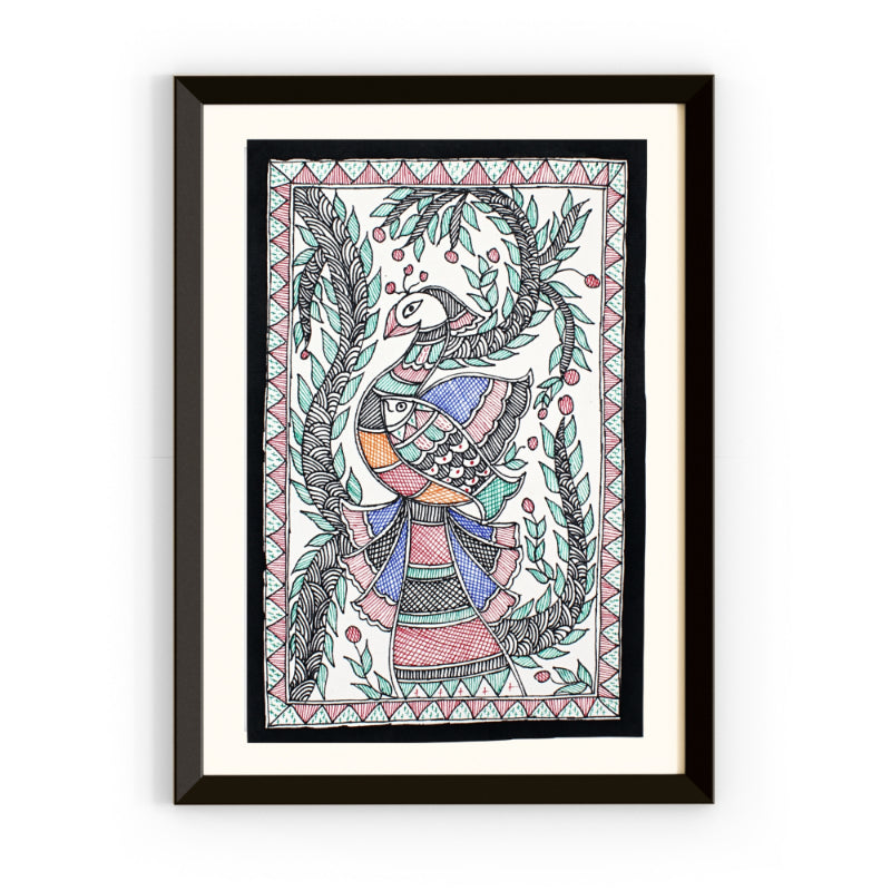 Peacock Madhubani Hand Painted | Framed | Mayur Meen Raj | Madhubani Peacock Painting.