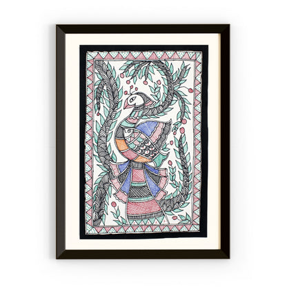 Peacock Madhubani Hand Painted | Framed | Mayur Meen Raj | Madhubani Peacock Painting.