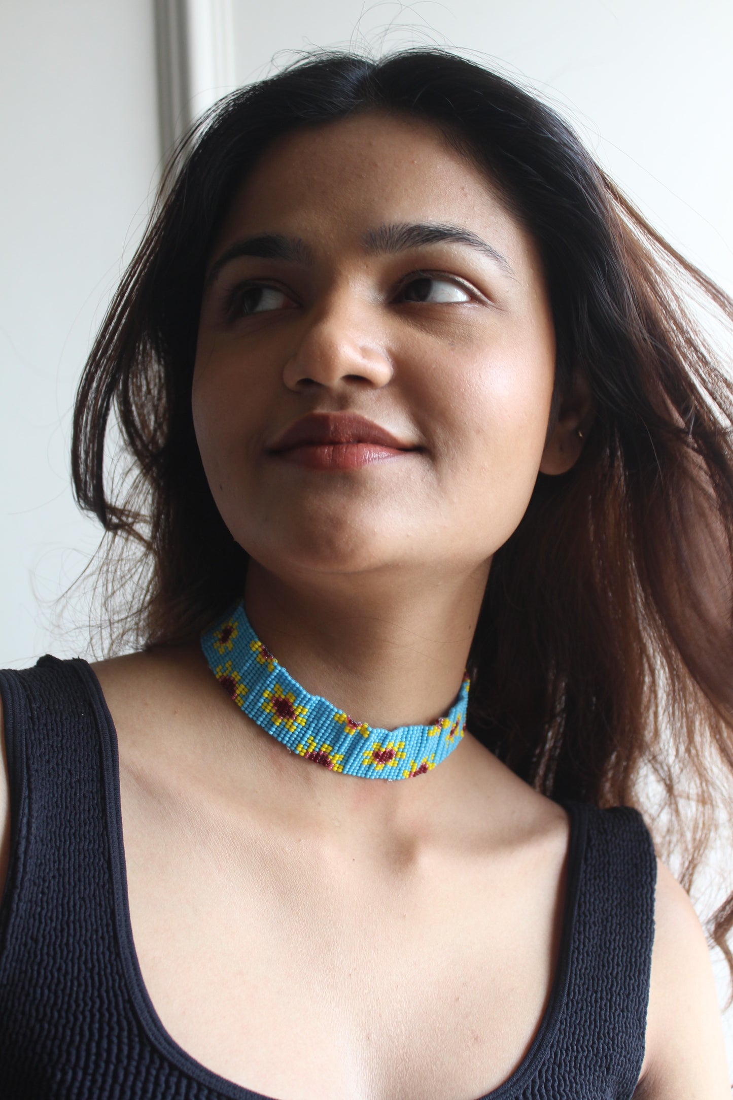 Sunflower | Handmade Blue Beaded Choker Necklace | Blue Choker Necklace | Western Party Wear Choker.