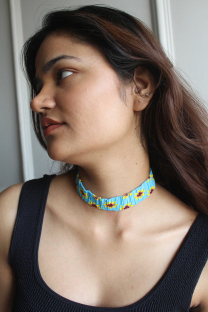 Sunflower | Handmade Blue Beaded Choker Necklace | Blue Choker Necklace | Western Party Wear Choker.