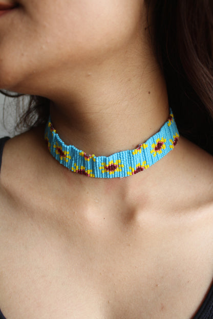 Sunflower | Handmade Blue Beaded Choker Necklace | Blue Choker Necklace | Western Party Wear Choker.