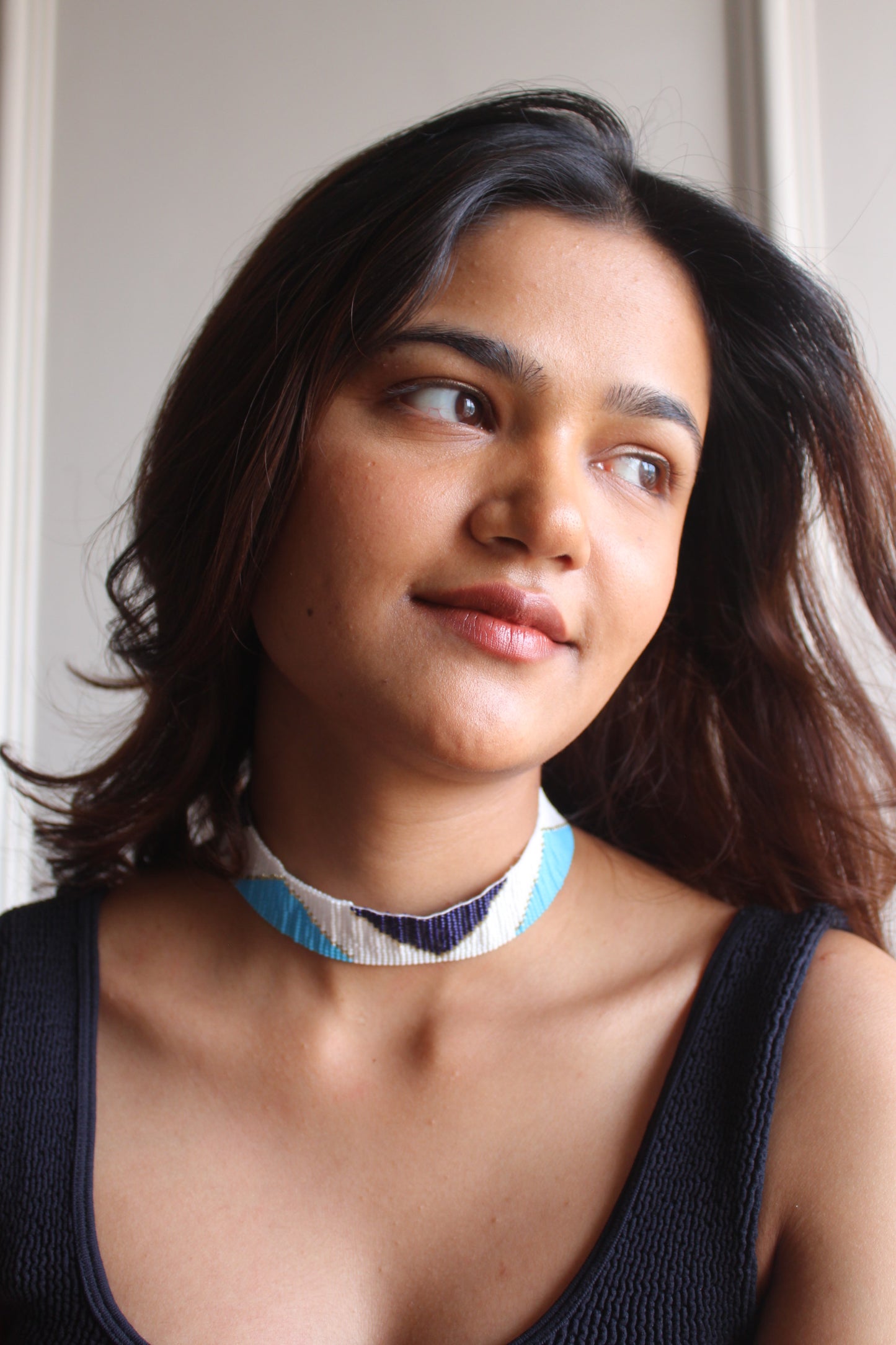 Hues of Blue | Handmade Blue And White Beaded Choker Necklace | Western Party Wear Choker.