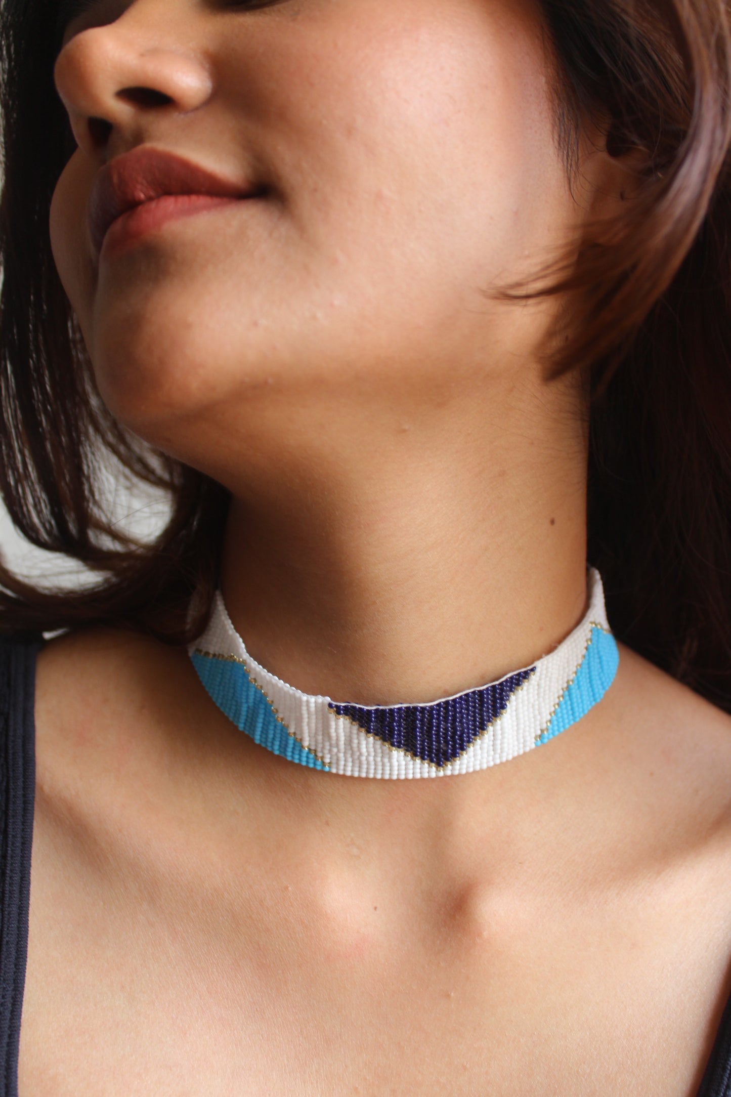 Hues of Blue | Handmade Blue And White Beaded Choker Necklace | Western Party Wear Choker.