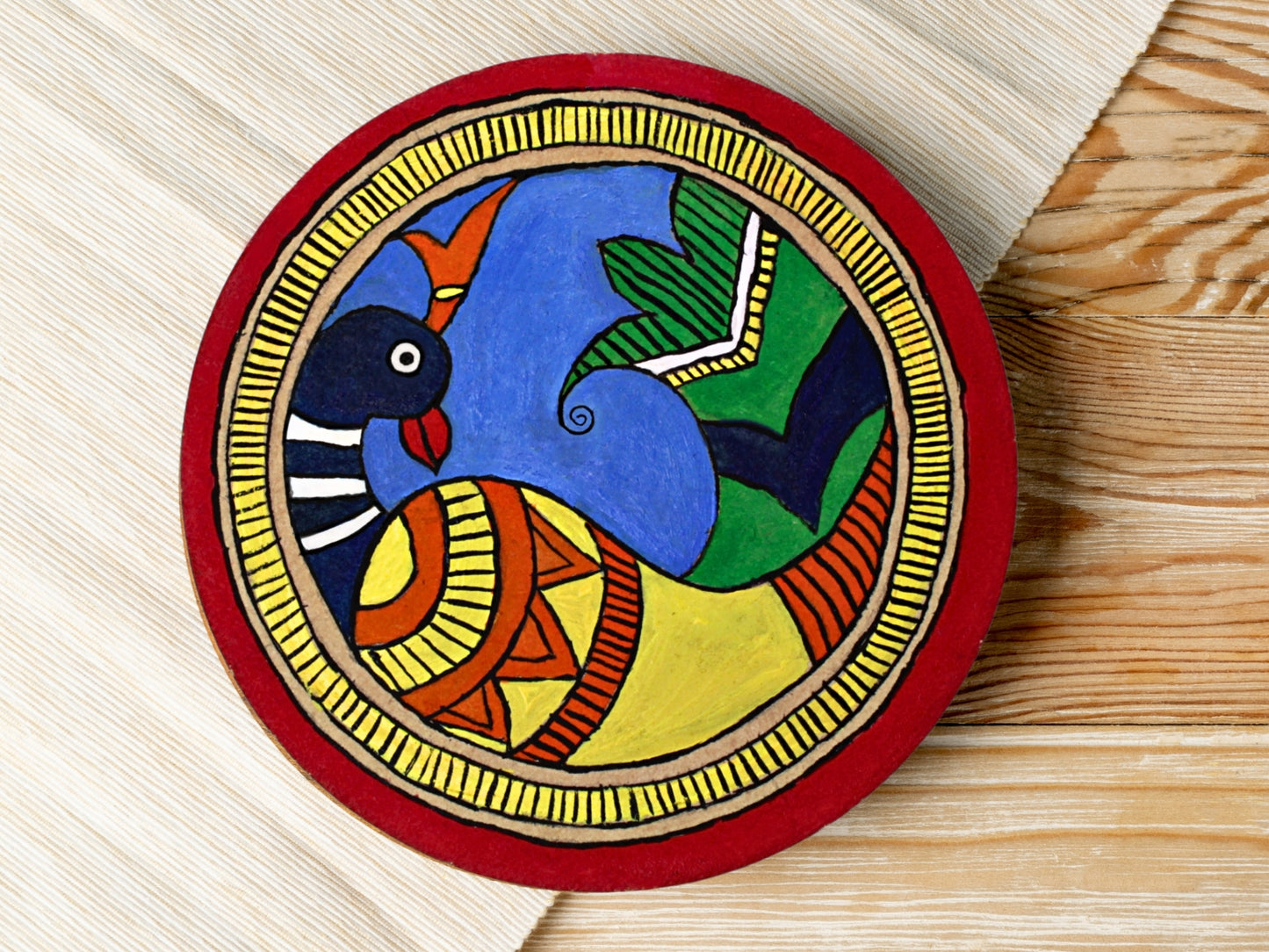 Madhubani Hand Painted Round Wooden Coasters | Red Set - 2 | Mayur