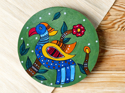 Madhubani Hand Painted Round Wooden Coasters | Set of 2 | Red | Panchi