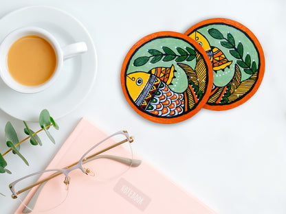 Madhubani Hand Painted Fish Coasters | Set of 4 | Red | Jal Ki Rani