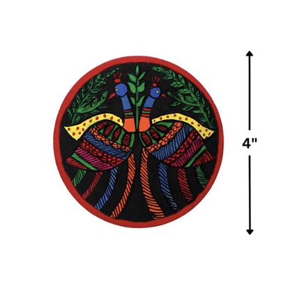 Madhubani Hand Painted Round Wooden Coasters | Set of 2 | Red | Mayur ka joda