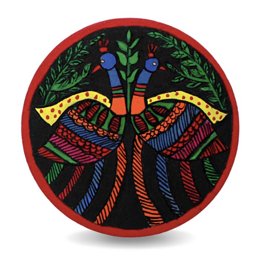 Madhubani Hand Painted Round Wooden Coasters | Set of 2 | Red | Mayur ka joda