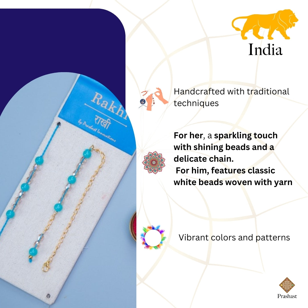 Bhaiya Bhabhi Lumba Rakhi Elegance: Blue Beads and White Crystals on Chain